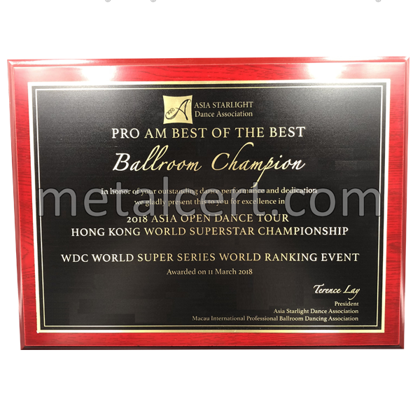 金屬證書 - Hong Kong World Superstar Championship metal certificate